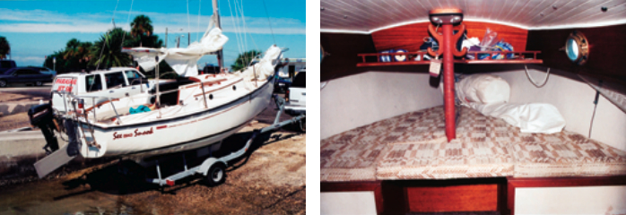 The Com-Pac 19 tows well behind most cars and is easily launched at a typical ramp, where the kick-up rudder, at left, lessens the risk of grounding. The V-berth, at right, is adequate for two adults although the compression post will come between them.