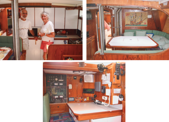 David and Eileen like to have company aboard Opportunity and the galley, at left, is equipped so they can deliver appropriate sustenance. In the saloon, at right, the dining area provides comfortable seating for socializing while the entertainment console on the port side contributes to the atmosphere. The sumptuous and well-appointed nav station, below, is aft in the wheelhouse, where it’s convenient to the cockpit.