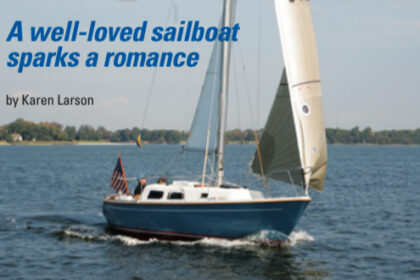 It doesn’t take a lot of breeze to push Cal 2-30 Checkmate at a tidy clip, above. That’s partly due to the diligence with which her owners, Bob and Cindi Gibson, trim her sails, below.