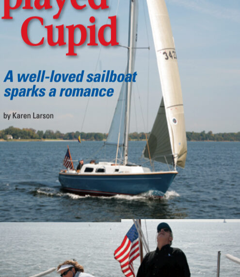 It doesn’t take a lot of breeze to push Cal 2-30 Checkmate at a tidy clip, above. That’s partly due to the diligence with which her owners, Bob and Cindi Gibson, trim her sails, below.