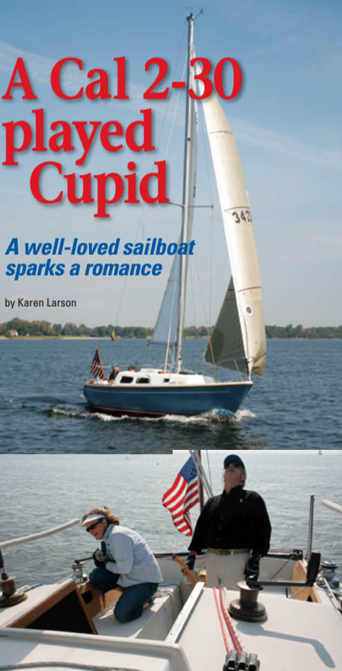 It doesn’t take a lot of breeze to push Cal 2-30 Checkmate at a tidy clip, above. That’s partly due to the diligence with which her owners, Bob and Cindi Gibson, trim her sails, below.