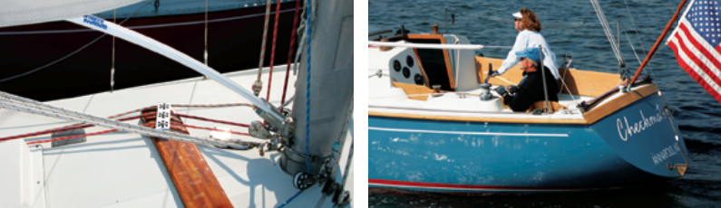 Over the years, Bob and Cindi have made numerous upgrades to Checkmate to keep her performing at her best — adding the Boomkicker and leading control lines aft, at left — and to protect her topsides from the inevitable knocks of a busy sailing schedule — the teak rubrail, at right.