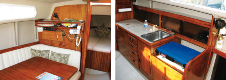 Belowdecks, Checkmate certainly doesn’t show her 43 years. The new upholstery helps, at left, but her simple layout has responded well to the constant tender attentions of her owners. A recent addition is the propane camp stove, at right, that replaced the original pressurized-alcohol stove.