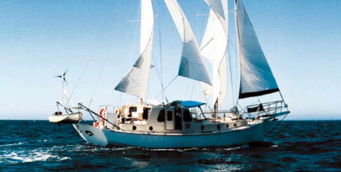 As Soleares sails on a broad reach with most of her boom-less fore-and-aft sails filling, a windward twin is visible between the mizzen staysail and the fisherman. Alan says using just one twin to weather like this complements the rig as a whole when quartering, and was a bonus discovery.