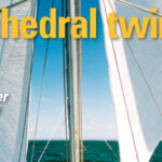 Soleares runs under her twin headsails, set from permanent stays. The forward- reaching dihedral-angled sails imitate a gliding bird’s wings and produce a powerful natural self-steering moment.