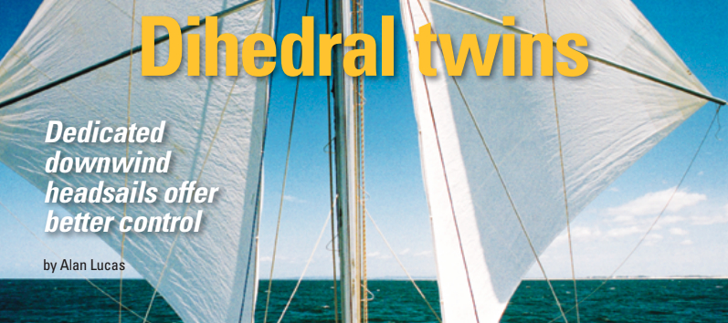 Soleares runs under her twin headsails, set from permanent stays. The forward- reaching dihedral-angled sails imitate a gliding bird’s wings and produce a powerful natural self-steering moment.