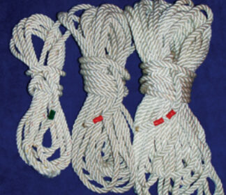 Three-strand docklines look much alike when stowed together in one place. Steve tagged the ends of his with colored tape according to their lengths.