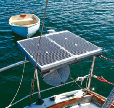 Joe originally mounted the two 24-volt 20-watt solar panels on the sliding hatch but shade from the boom seriously degraded their performance. This location on the stern pulpit proved much more effective.