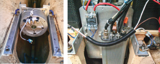 For the motor beds and the uprights that support the TeamDelta motor mount, Joe used aluminum angle, at left. He used the blue C-clamps while adjusting the motor vertically, then drilled the rails for bolts when it was aligned with the shaft. The aluminum plate, at right, serves as a heat sink for the motor controller and the solid-state relay.