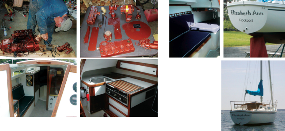 A key step in restoring Elizabeth Ann to working order was bringing the Atomic 4 back to life, left. The saloon received special attention — a new walnut table, white-painted bulkheads, and new carpeting, bottom far left, — while new white countertops freshened up the galley, bottom near left. Carolyn, the understanding wife, contributed new cushions, right, and the family enterprise is celebrated in a bright new name on the transom, far right. Elizabeth Ann, sitting pretty on her lines, has the last word, below.
