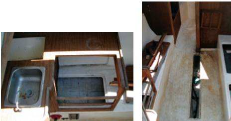 Stripped of loose and movable parts, the galley came out of the boat to be taken to the workshop, below. The saloon too was largely disassembled for refinishing, right.