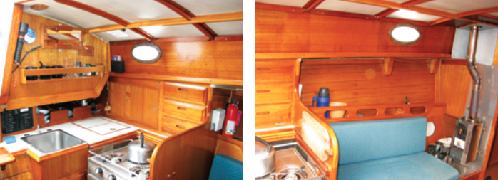 Ericson Yachts gave the interior of the Cruising 31 a cozy and classic feeling. It has abundant teak paneling and trim and a white overhead with wooden beams and grabrails. The solid-fuel heating stove is a season stretcher in Kuma’s home waters.