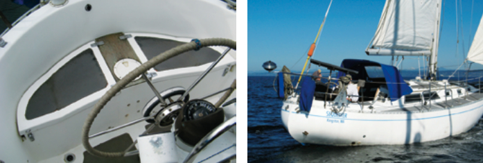 On the Esprit 37, the helm is well aft and the helmsman well protected in the deep cockpit seat.The deck plate gives access to the rudder stock head to which the emergency tiller fits, at left. The canoe stern is an early trademark of designer Bob Perry, at right. He says he doesn’t believe that such a stern parts following seas like Moses, but Sequester’s owners affi rm they’ve never been pooped.