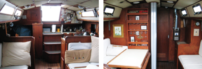 The view from the saloon looking aft, at left, shows a conventional arrangement with the chart table, quarter berth, and wet locker next to the companionway to starboard and the tight U-shaped galley to port. Forward, Duane installed a wood-burning stove to cheer up the already cozy cabin when cruising in the cool Pacific Northwest autumn, at right. The plywood bulkheads are bonded to the hull and deck for strength and stiffness.