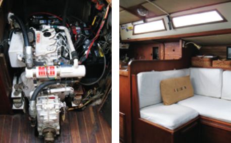 After years of fairly minor aggravations with the original engine, Duane repowered with a smaller Isuzu diesel. Removing the companionway steps provides access, at left. Fitted with lee cloths, the saloon settees make good sea berths, at right.