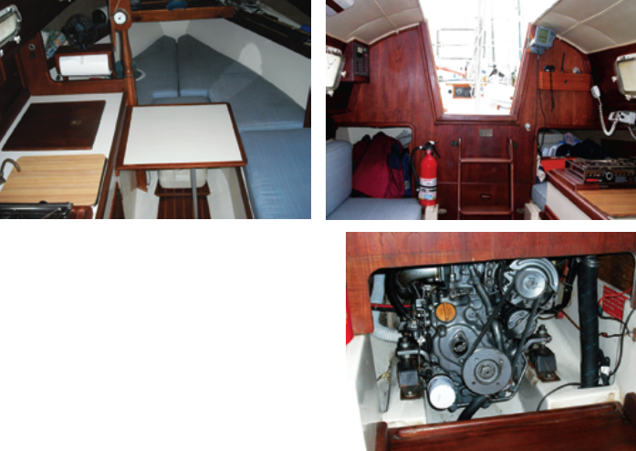 The Flicka makes the most of its small interior. A table hinges up on the galley front to provide extra work space and places for two diners, at left above. Aft of the galley is a quarter berth and opposite a berth-length settee, at right above. The companionway ladder removes to give access to the engine, which on most Pacific Seacraft-built boats was the Yanmar 9-hp 1GM10, at right.