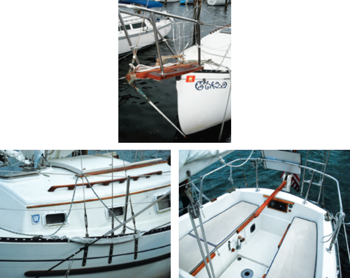 The three external chainplates are representative of the boat’s rugged construction, at left. The cockpit is secure and comfortable. Access to the top of the diesel engine is via a gasketed hatch in the sole, at right. The sturdy bow platform has a roller to carry a plow-type anchor, with the rode led below through a navel pipe. The platform is wide enough that headsail changes can be made within the security of the pulpit, above.