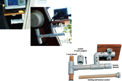 For use, the chart plotter swings into the companionway, above left and above. Its bracket is made from a few inexpensive plumbing parts and wooden dowels, below.
