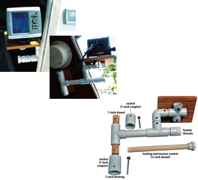 For use, the chart plotter swings into the companionway, above left and above. Its bracket is made from a few inexpensive plumbing parts and wooden dowels, below.