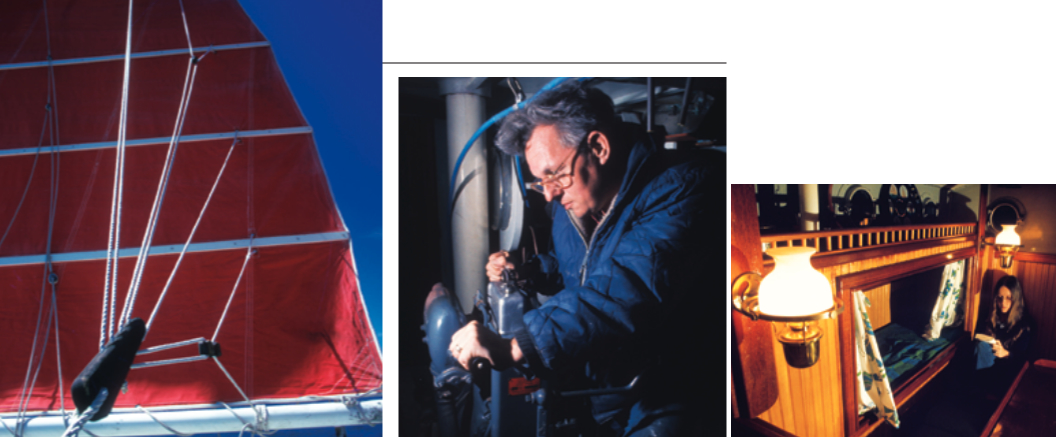 Gazelle’s junk rig was easy to handle and the sails infinitely adjustable, at top left. Although her designer, builder, and owner, Tom Colvin, at top right, had sailed her around the world, he had no seaman’s swagger (in fact he’s a professional naval architect). Belowdecks, Tom’s daughter reads in the warm glow of kerosene lights in the saloon of the boat that was her home for months at a time, at right.
