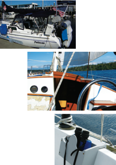 With only one pair of eyes aboard, you need a clear view of your surroundings. Cockpit clutter is not your friend, at left. A headsail with a high-cut clew will let you see what’s ahead, below, and binoculars will help you identify it, at bottom.