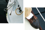 Toerails and reliable deck shoes help you stay aboard, at right. A ladder reachable by a swimmer is a last line of protection, above.