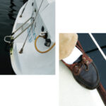 Toerails and reliable deck shoes help you stay aboard, at right. A ladder reachable by a swimmer is a last line of protection, above.