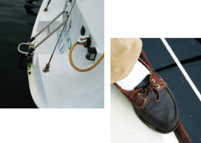 Toerails and reliable deck shoes help you stay aboard, at right. A ladder reachable by a swimmer is a last line of protection, above.