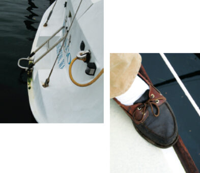 Toerails and reliable deck shoes help you stay aboard, at right. A ladder reachable by a swimmer is a last line of protection, above.