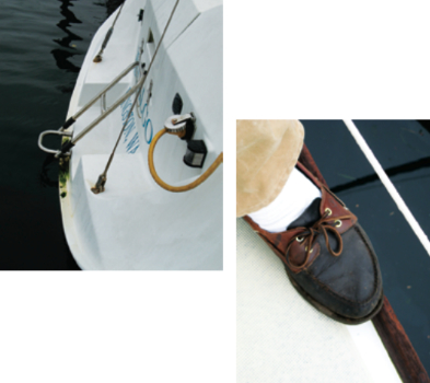 Toerails and reliable deck shoes help you stay aboard, at right. A ladder reachable by a swimmer is a last line of protection, above.