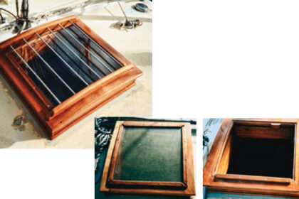 Stainless-steel bars give Golly’s hatches a classic look while protecting the acrylic lenses from damage, above. The old acrylic needed replacing, near right, and the first step in the upgrade was to remove it, far right.