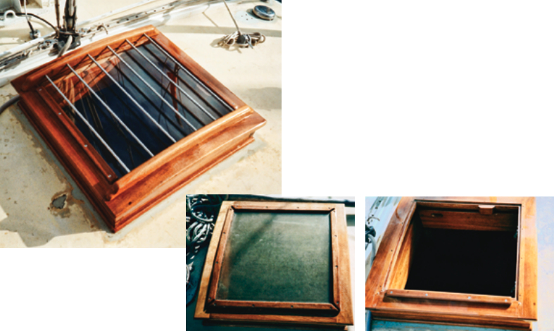 Stainless-steel bars give Golly’s hatches a classic look while protecting the acrylic lenses from damage, above. The old acrylic needed replacing, near right, and the first step in the upgrade was to remove it, far right.