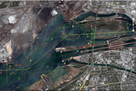This view of Sault Ste. Marie Locks from 15,000 feet shows depths and navigation markers.