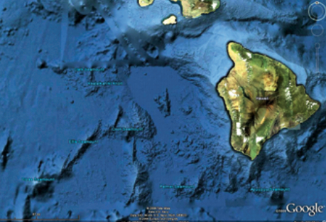 A recent enhancement of the Google Earth experience is Google Ocean, which provides a representation of the ocean floor. This view shows seamounts near Hawaii.
