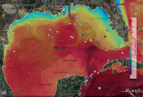Google Earth provides a variety of information in different layers. Among those shown in this view of the Gulf of Mexico are interstate highways and sea-surface temperatures.