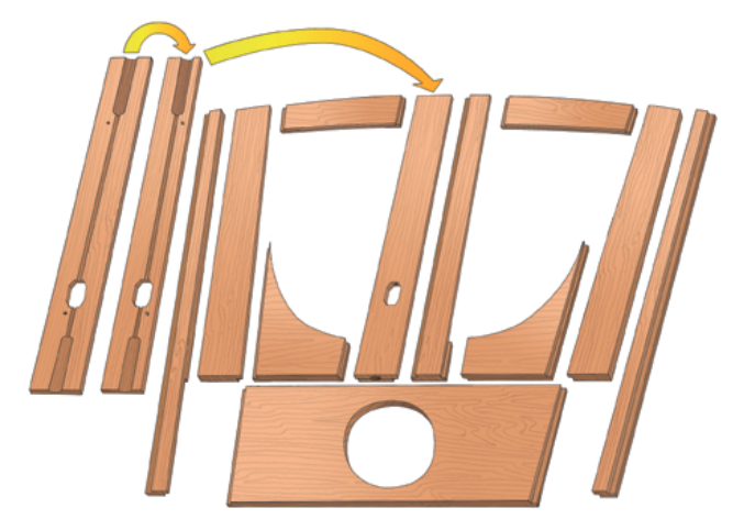 This exploded view shows the principal wooden parts that Benjy assembled to make his companionway doors.