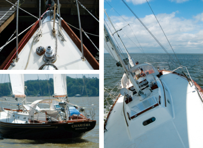 The foredeck on the Bermuda 40 benefits from being full forward. This allows plenty of room for anchoring and docking essentials, notably the classic Hinckley cast stemhead fitting, top left. Bill Tripp’s characteristic, near-vertical transom compliments the hull’s delicate lines, bottom left. Note also the abundant brightwork, another mark of a Hinckley, for which the preferred finish is varnish, not oil. The wide sidedecks and low coachroof don’t just look good, they are also practical, right.