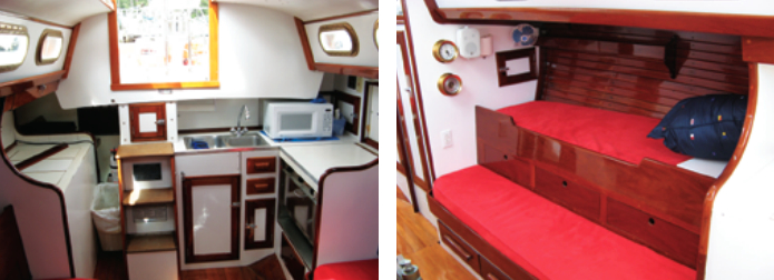 The galley is aft, and not particularly large for a 40-footer. Shortcomings include lack of counter space for food preparation and the icebox lid, which must do double duty as the chart table, at left. Pilot berths port and starboard make good sea berths or kids’ berths. If there’s just a couple aboard, they provide good stowage, at right.