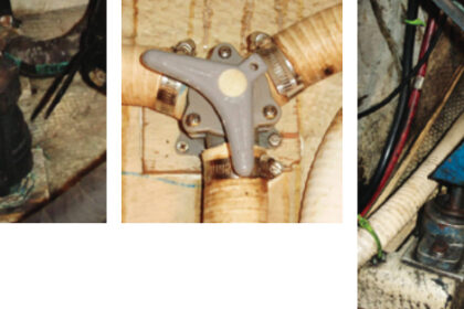 Even Marelon seacocks get stiff, at left. This one is in the open position with the handle vertical. Exercise it by moving the handle to the 90-degree position. Note that the screws on the two clamps securing the hose oppose each other. The handles on this Y-valve line up with the direction of the fluid flow, center. Exercise it toward the direction of the alternate flow, an approximate 120-degree rotation. One of the front engine mounts, at right. A bolt above the bracket secures the assembly. Remember to torque the lag bolts that hold the engine mount to the hull.