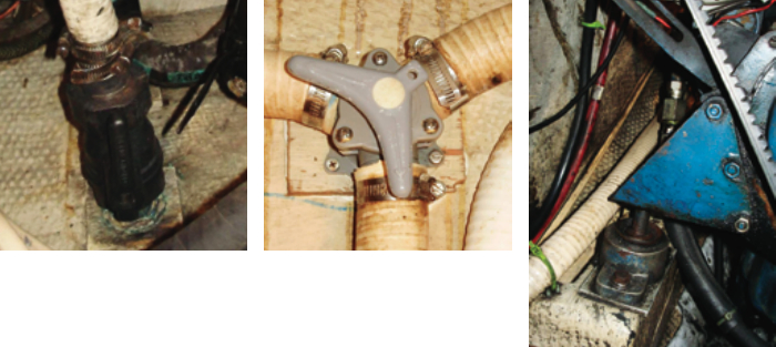 Even Marelon seacocks get stiff, at left. This one is in the open position with the handle vertical. Exercise it by moving the handle to the 90-degree position. Note that the screws on the two clamps securing the hose oppose each other. The handles on this Y-valve line up with the direction of the fluid flow, center. Exercise it toward the direction of the alternate flow, an approximate 120-degree rotation. One of the front engine mounts, at right. A bolt above the bracket secures the assembly. Remember to torque the lag bolts that hold the engine mount to the hull.