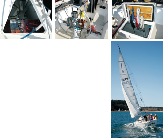 Durkee’s windlass installation occupies part of the anchor compartment, above left; the skipper has full instruments at the helm, above center; and the port-side cockpit locker gives up space for the head located just below, above right. It all adds up to make Sirius, at right, a serious cruiser/racer.