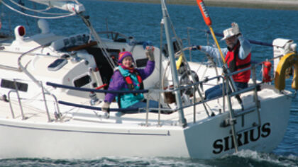 Durkee and Mary Jeanne Richards attempt to outrun the photo boat (an F 24 trimaran) in their J/32, Sirius, on Washington’s Sequim Bay. Sirius is maintained and handled as a go-fast boat and gives all boats in her local racing class a run for the money. Then the Richards add a furling jib, a more robust prop, and beefier anchor tackle, and cruise British Columbia for weeks on end.
