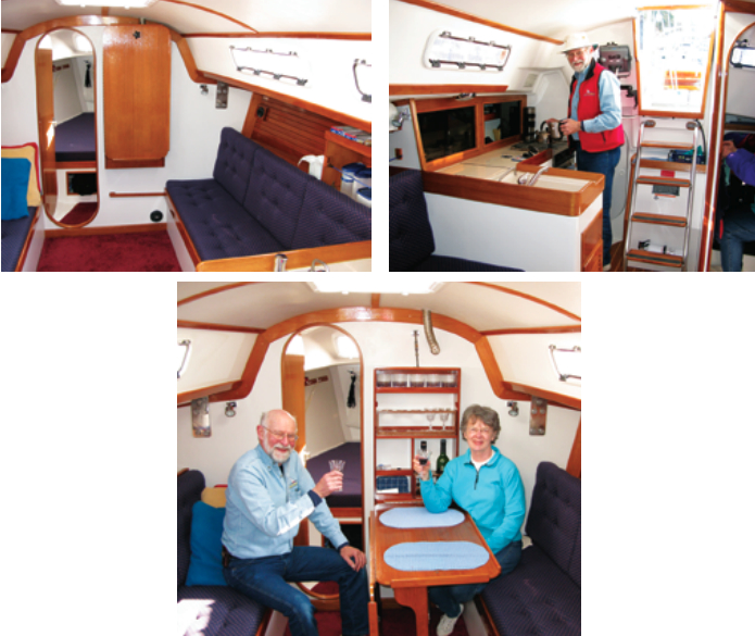 The doors at the bulkhead between the cabin and V-berth add a spaceship quality to the main cabin, above left. The table drops down to reveal one of Durkee’s clever innovations: a wine cabinet, above left and below. Durkee makes coffee in the L-shaped galley above right. The head is tucked in next to the companionway ladder to port and the cavernous cockpit locker is behind Durkee to starboard.