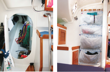 The vast cockpit locker, that also opens to the cabin, at right, endeared the J/32 to Mary Jeanne. She added the extra touches, such as the storage pouches in the V-berth, far right.