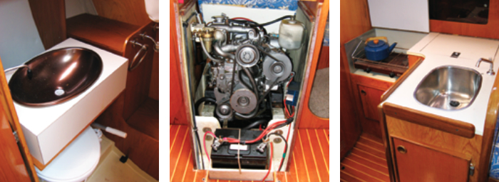In the head, a hinged sink folds down over the toilet to make the most of a compact space, at left. The engine compartment, under the companionway ladder, is tight, center, but access to most service points is adequate except for the dipstick. To increase space for food preparation, the galley has a hinged counter over the French-made stove, at right. In the 1980s, boats imported into the U.S. weren’t “Americanized.”