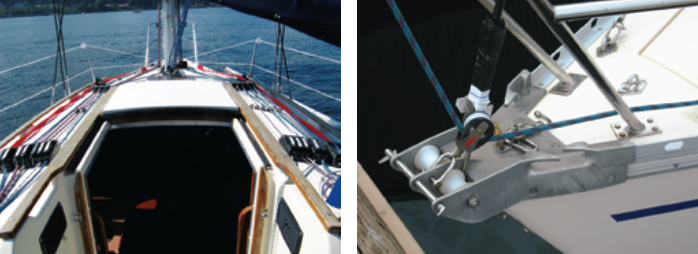 Sail-control lines are color coded, and with good reason; there are 15 rope clutches mounted on the cabintop, at left. The cast aluminum stemhead with its two bow rollers is a much-appreciated cruising feature but is unusual for a racing-oriented boat like the Arcadia, at right.