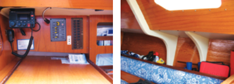 The navigation station, aft of the saloon on the starboard side, is large and very workable for a boat of this size, at left. Beams and knees stiffen the deck and anchor the chainplates, at right.