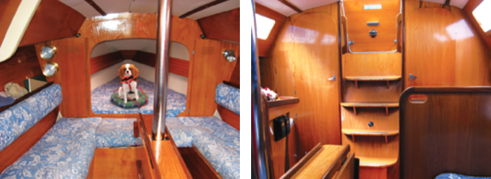 The open-plan living quarters look spacious but only a small dog would consider the V-berth commodious, at left. The view aft is striking for the generous use of light-colored teak and the well-camouflaged doors in the bulkhead, at right.