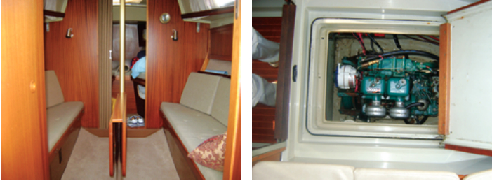 The saloon is a comfortable place to unwind after a long day on the water, at left. Safina’s 28-hp Volvo Penta diesel engine is mounted beneath the cockpit sole. The spacious engine room and large hatch allow the engine to be easily inspected and maintained, at right.