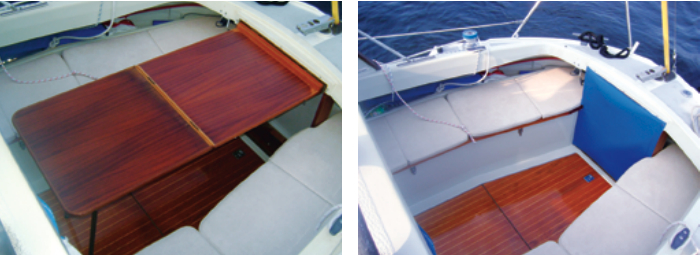 The cleverly designed table makes the cockpit a comfortable place to eat and relax and folds away to open up the space when sailing.
